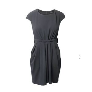 Maje Black Pleated Sheath Mini Dress M Cap Sleeve Scoop Neck Belted cocktail